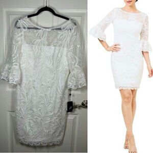Adrianna Papell Soutache Embroidered Flare Sleeve White Sheath Dress Size 8 NWT